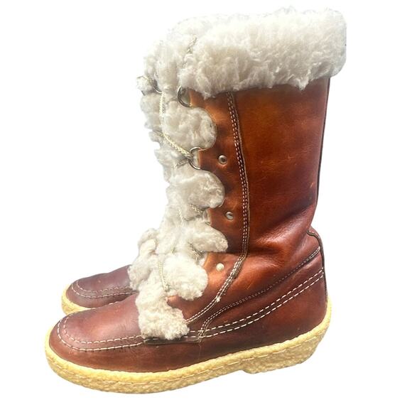 VTG Cabelas Boots 8 Leather Shearling Lace-Up Chunky 70s Distressed Boho Hippy - Picture 3 of 16